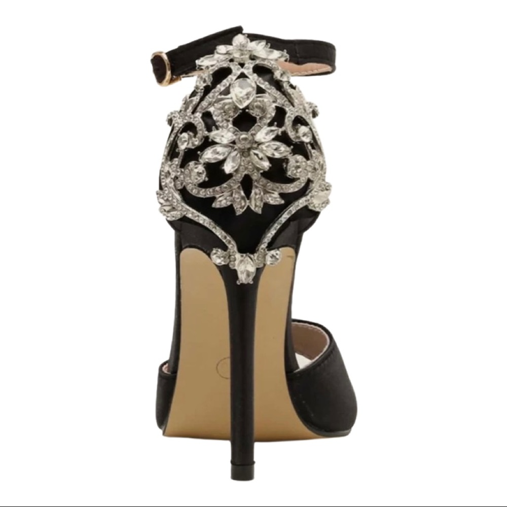 Women heels, gemstone flower decor. Stiletto heels